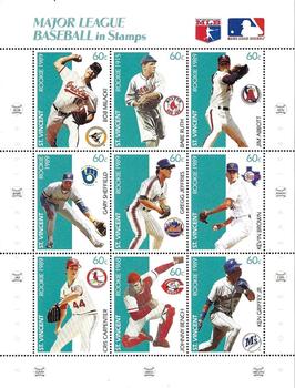1989 St. Vincent Rookie Postage Stamps - Full Sheets #NNO Bob Milacki / Babe Ruth / Jim Abbott / Gary Sheffield / Gregg Jefferies / Kevin Brown / Cris Carpenter / Johnny Bench / Ken Griffey Jr. Front