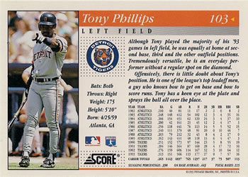 1994 Score #103 Tony Phillips Back