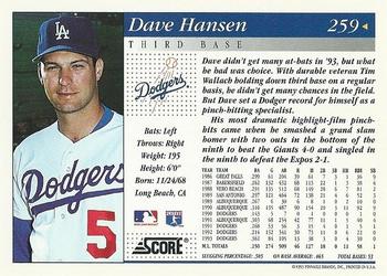 1994 Score #259 Dave Hansen Back