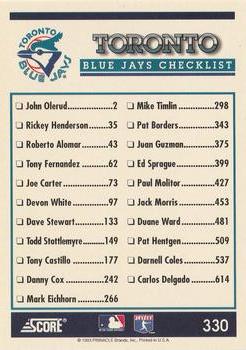 1994 Score #330 Toronto Blue Jays Back