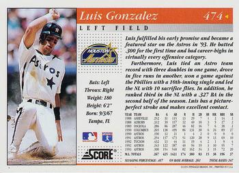 1994 Score #474 Luis Gonzalez Back