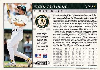 1994 Score #550 Mark McGwire Back
