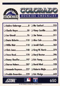 1994 Score #650 Colorado Rockies Back