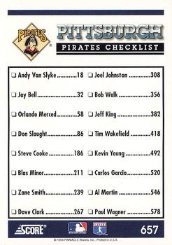 1994 Score #657 Pittsburgh Pirates Back