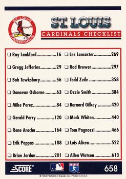 1994 Score #658 St. Louis Cardinals Back