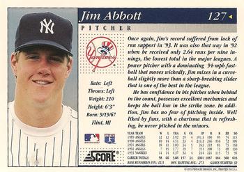1994 Score #127 Jim Abbott Back