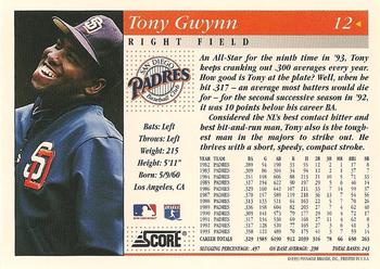 1994 Score #12 Tony Gwynn Back