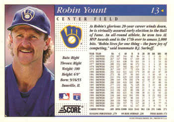 1994 Score #13 Robin Yount Back