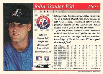 1994 Score #180 John Vander Wal Back