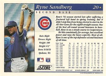 1994 Score #20 Ryne Sandberg Back