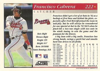 1994 Score #222 Francisco Cabrera Back