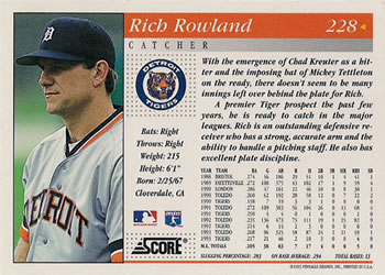1994 Score #228 Rich Rowland Back