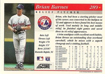 1994 Score #289 Brian Barnes Back