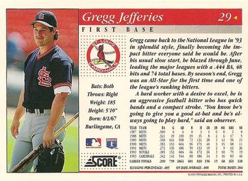 1994 Score #29 Gregg Jefferies Back