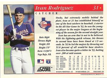 1994 Score #31 Ivan Rodriguez Back