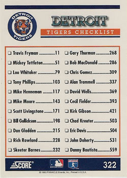 1994 Score #322 Detroit Tigers Back