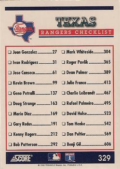 1994 Score #329 Texas Rangers Back