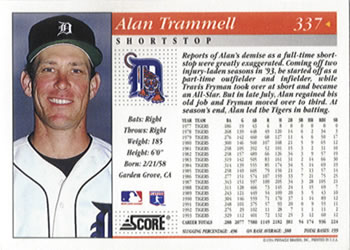 1994 Score #337 Alan Trammell Back