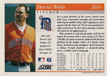 1994 Score #369 David Wells Back