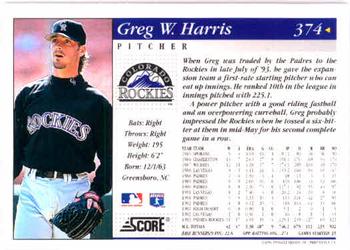 1994 Score #374 Greg W. Harris Back