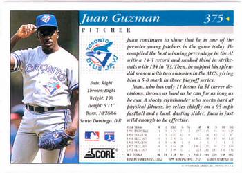 1994 Score #375 Juan Guzman Back
