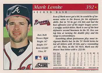 1994 Score #392 Mark Lemke Back