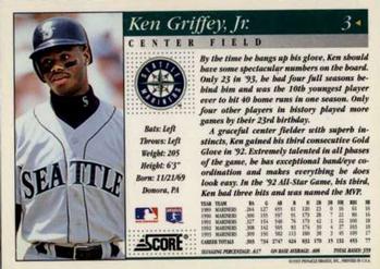 1994 Score #3 Ken Griffey Jr. Back