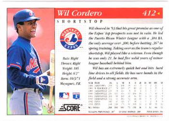 1994 Score #412 Wil Cordero Back