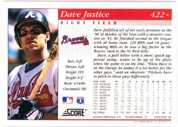 1994 Score #422 Dave Justice Back