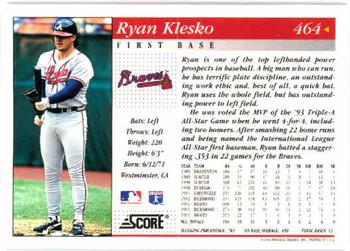 1994 Score #464 Ryan Klesko Back