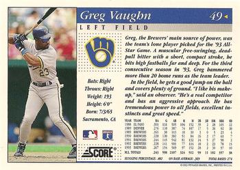 1994 Score #49 Greg Vaughn Back