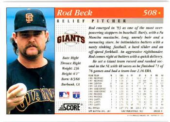 1994 Score #508 Rod Beck Back