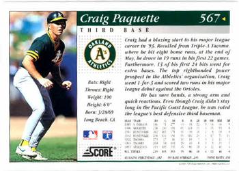1994 Score #567 Craig Paquette Back