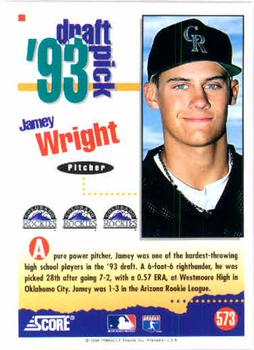 1994 Score #573 Jamey Wright Back