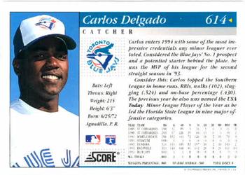 1994 Score #614 Carlos Delgado Back