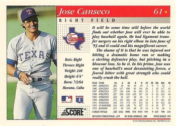 1994 Score #61 Jose Canseco Back