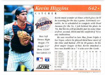 1994 Score #642 Kevin Higgins Back