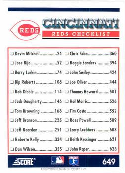 1994 Score #649 Cincinnati Reds Back
