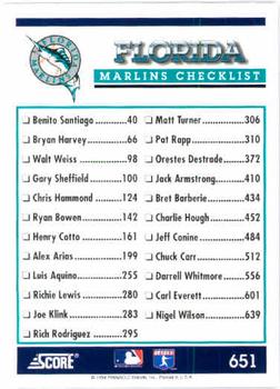 1994 Score #651 Florida Marlins Back