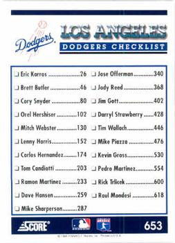 1994 Score #653 Los Angeles Dodgers Back