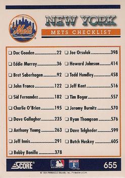 1994 Score #655 New York Mets Back