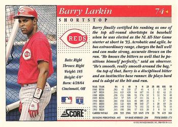 1994 Score #74 Barry Larkin Back