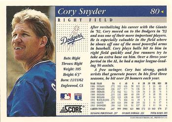1994 Score #80 Cory Snyder Back