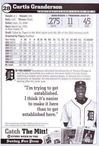 2006 Detroit Free Press Detroit Tigers #2 Curtis Granderson Back