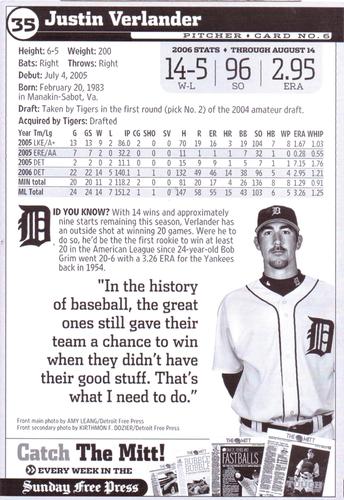 2006 Detroit Free Press Detroit Tigers #6 Justin Verlander Back