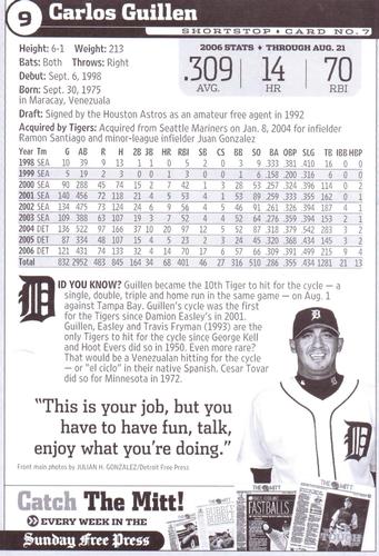 2006 Detroit Free Press Detroit Tigers #7 Carlos Guillen Back