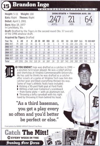2006 Detroit Free Press Detroit Tigers #8 Brandon Inge Back