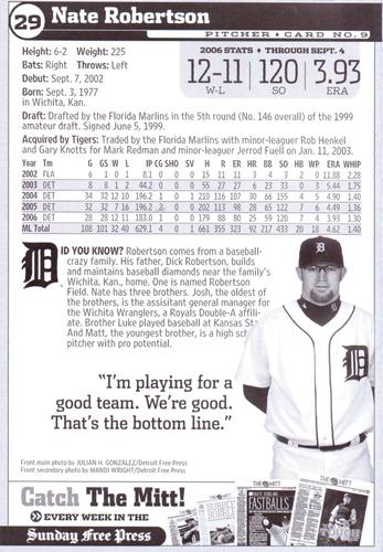 2006 Detroit Free Press Detroit Tigers #9 Nate Robertson Back