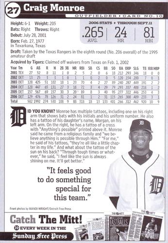 2006 Detroit Free Press Detroit Tigers #10 Craig Monroe Back