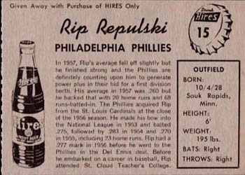 1958 Hires Root Beer #15 Rip Repulski Back